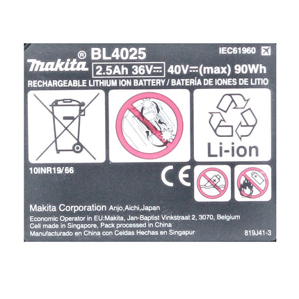 Kit di alimentazione Makita 40 V max. con batteria BL 4025 2,5 Ah XGT ( 191B36-3 ) + caricatore rapido DC 40 RA XGT LXT ( 191E07-8 )