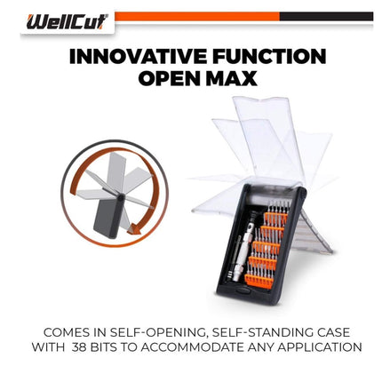 WellCut Präzisions-Mehrzweck-Schraubendreher-Bit-Set mit 60 mm Verlängerungsstange, 94 mm Aluminiumgriff, 38-teilig ( WC-MPS38U )