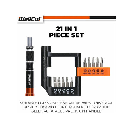 Jeu d'embouts de tournevis multi-usages de précision WellCut, tournevis avec manche antidérapant, 20x embouts, boîte de rangement, 21 pièces ( WC-MPS21U )