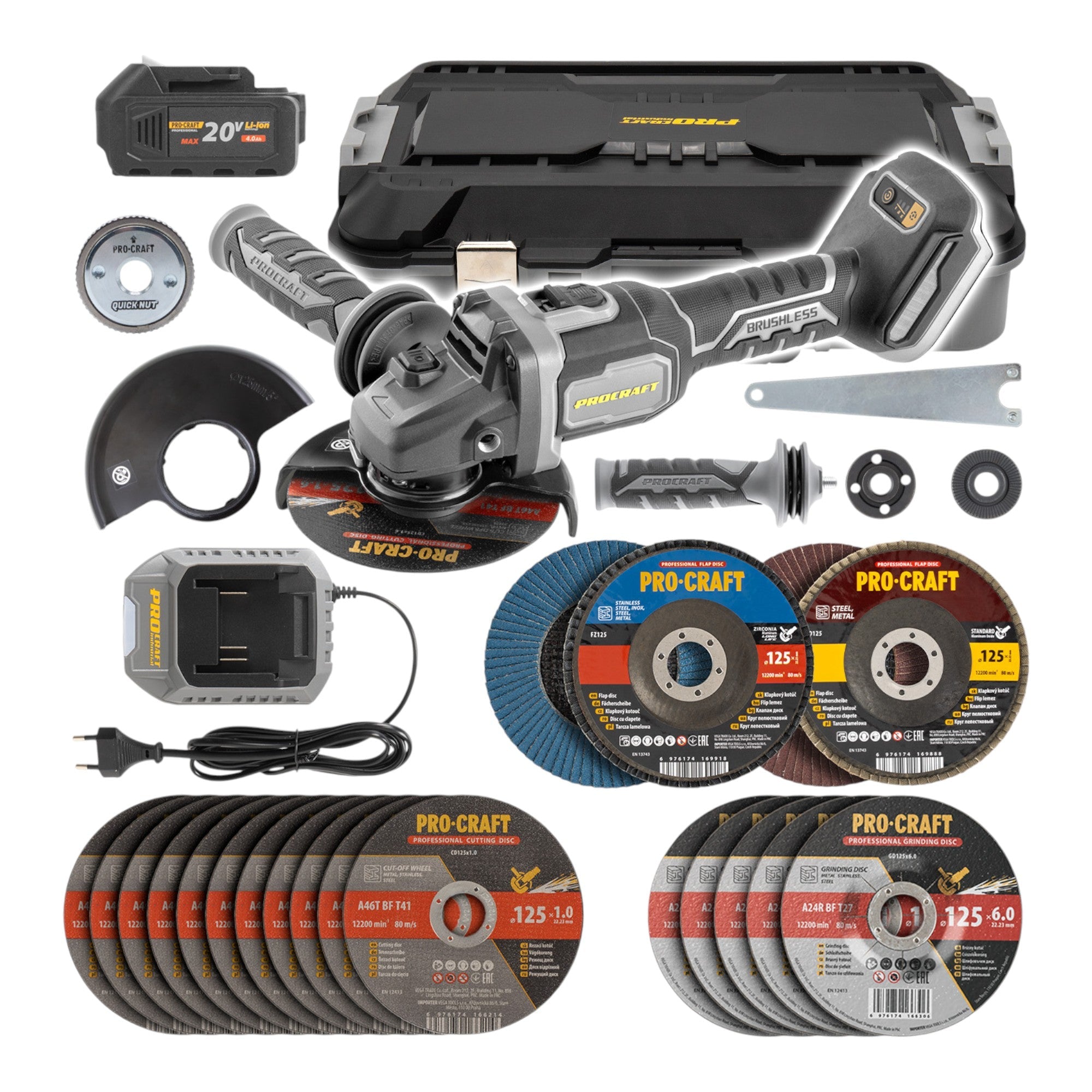 Procraft Industrial SAG125B-CD Akku Winkelschleifer 20 V 125 mm Brushless + 1x Akku 4,0 Ah + Ladegerät + Koffer