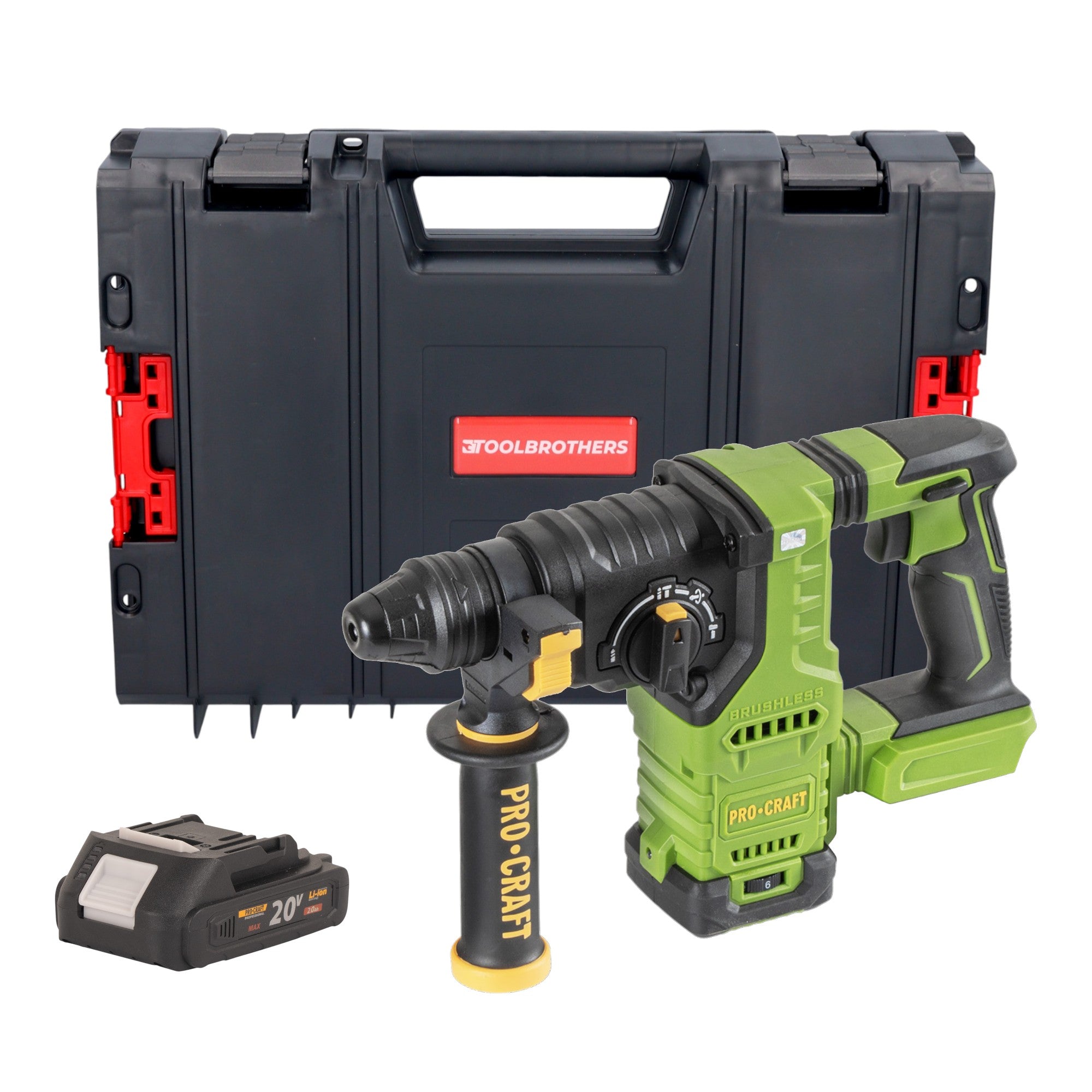 Procraft PHA30bb Akku Bohrhammer 20 V 2,8 J SDS plus Brushless + 1x Akku 2,0 Ah + RHINO Toolcase - ohne Ladegerät