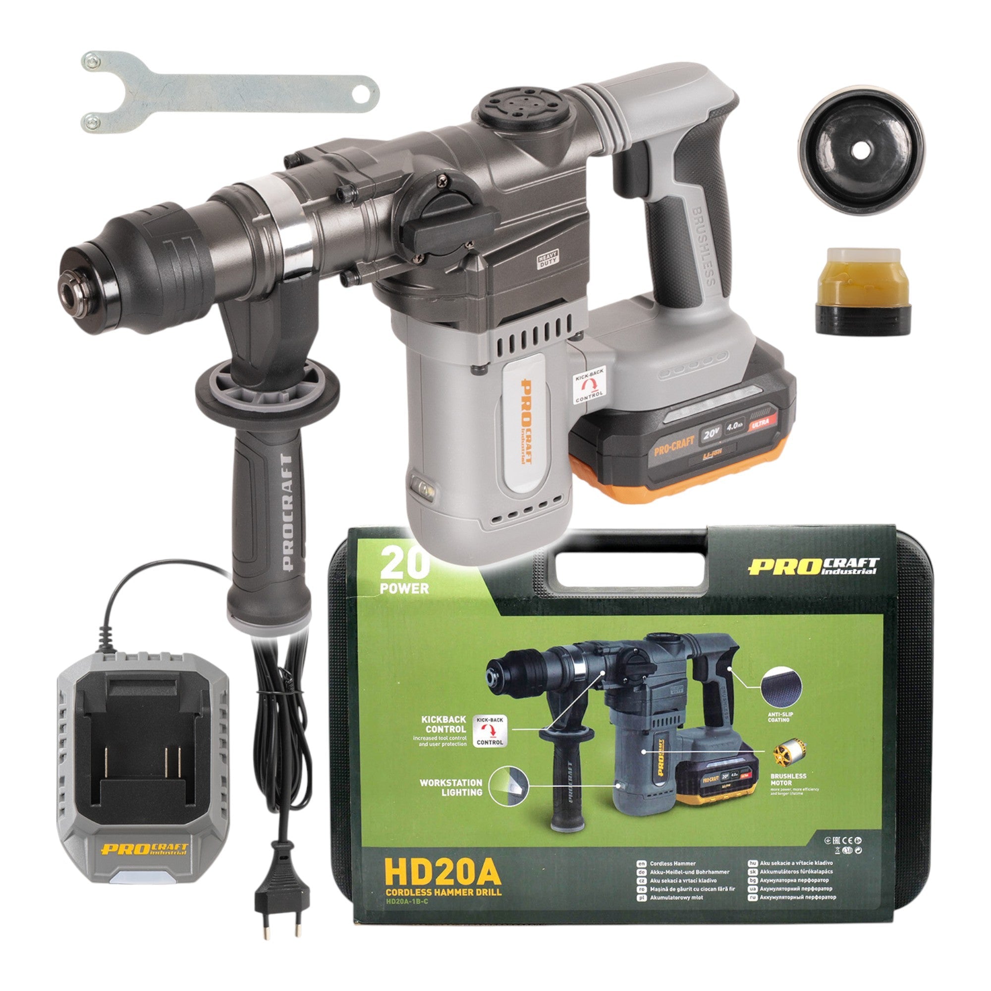 Procraft Industrial HD20A Akku Bohrhammer 20 V 3,8 J Brushless + 1x Akku 4,0 Ah + Ladegerät + Koffer