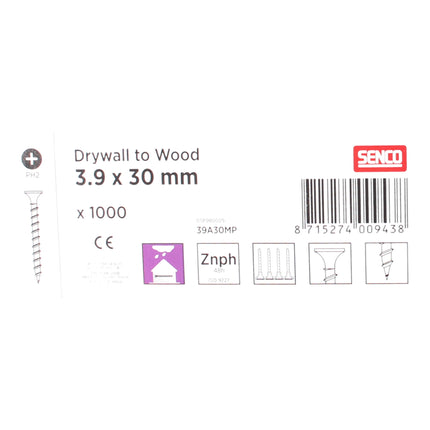 SENCO Vis pour plaques de plâtre sur bois phosphatées 3,9 x 30 mm 1000 pcs ( 39A30MP ) Vis pour cloisons sèches