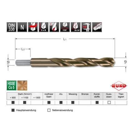 RUKO Foret hélicoïdal DIN 338 Type N d. nominal 13,5 mm HSS-Co5 ( 4000600100 )