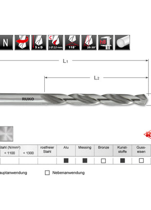 RUKO Foret hélicoïdal DIN 338 Type N d. nominal 13 mm ( 4000600259 )
