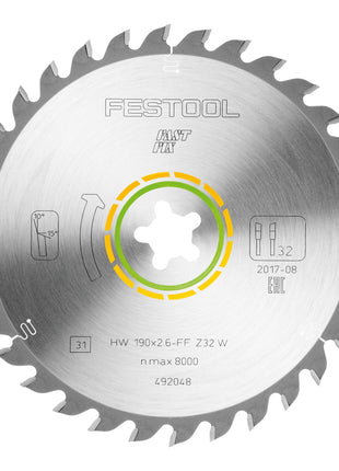 Lama circolare Festool HW 190x2,6 FF W32 LEGNO UNIVERSALE 2 pezzi ( 2x 492048 ) 190 x 2,6 mm 32 denti per tutti i legni, materiali a base di legno, pannelli di materiale da costruzione, pannelli in gesso, plastica morbida
