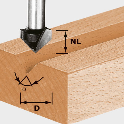 Fraise à rainure en V Festool HS S8 D11/9,5/60° (490997) pour OF 900, OF 1000, OF 1010, OF 1010 R, OF 1400, OF 2000, OF 2200