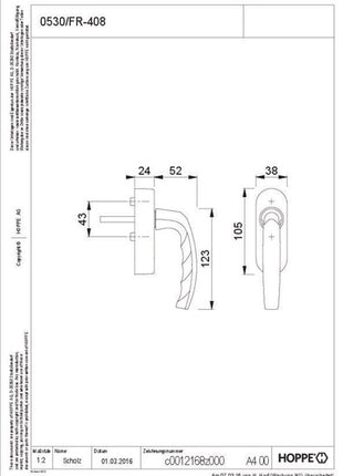 HOPPE Fenstergriff Atlanta 0530/FR-408 Aluminium F1 / naturfarbig ( 8000350520 )