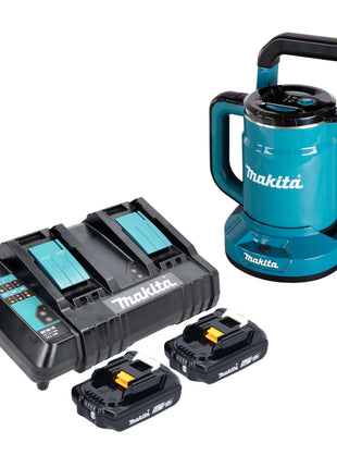 Czajnik bezprzewodowy Makita DKT 360 CA2 36 V ( 2x 18 V ) 0,8 L + 2x akumulator 2,0 Ah + podwójna ładowarka
