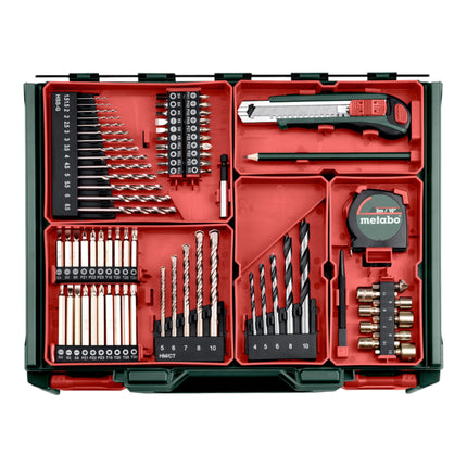 Metabo SB 18 L Set trapano a percussione a batteria 18 V 50 Nm ( 602317710 ) + 2x batteria ricaricabile 2,0 Ah + caricatore + 78 pezzi officina mobile + valigetta