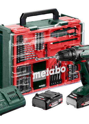 Metabo BS 18 Set trapano avvitatore a batteria 18 V 48 Nm ( 602207710 ) + 2x batteria 2,0 Ah + caricatore + 74 pezzi officina mobile + valigetta