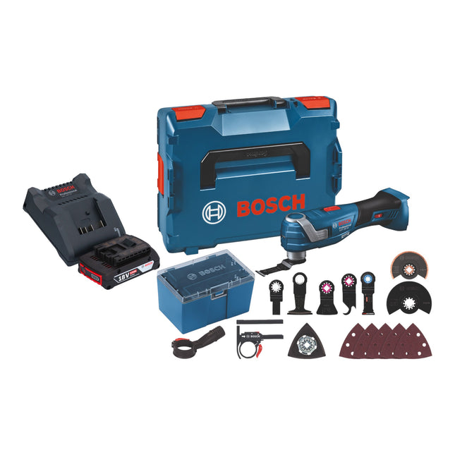 Bosch GOP 18V-34 Multi Cutter professionale a batteria 18 V Starlock Plus + 1x batteria ricaricabile 2,0 Ah + caricatore + 17 accessori + L-Boxx
