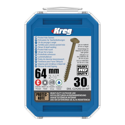Kreg 2x HD Protec-Kote Maxi-Loc Vis pour trous de poche 64 mm ( 2x SML-C2X250-30-INT ) Filetage grossier 60 pces