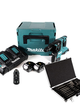 Makita DHR 281 PMJ Akku Bohrhammer 2x18V 2,8J brushless SDS plus + Schnellwechselfutter + 2x Akku 4,0 Ah + Doppelladegerät + 17tlg. Bohrer und Meißel Set + Makpac - Toolbrothers