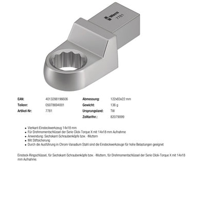 Chiave a scatola Wera 7781 ( 8000377426 ) Larghezza trasversale 17 mm 14 x 18 mm