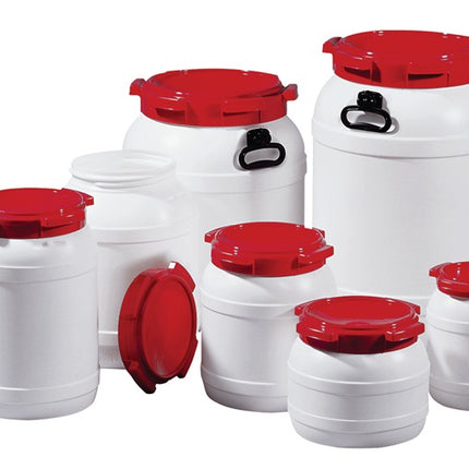 Fût à col large ( 9000450108 ) 42,0 l PE blanc avec couvercle rouge Ouverture de remplissage-Ø 282 mm