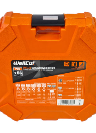 Set di punte e trapani WellCut da 56 pezzi ( WC-DB56 ) PH / PZ / HEX / Schiltz / TX / Robertson metallo / legno / pietra trapano + sega a tazza 32 - 54 mm
