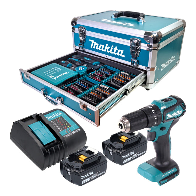 Makita DHP 483 SFX9 Akku Schlagbohrschrauber 18 V 40 Nm Brushless 2x Akku 3 0 Ah Ladegeraet 96 tlg Zubehoer Set Koffer 0 - toolbrothers