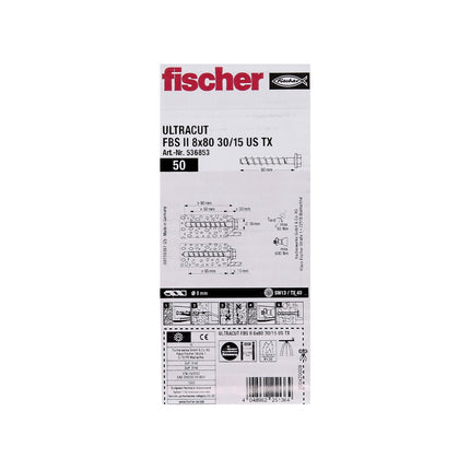 Fischer ULTRACUT FBS II Vis à béton 8x80mm 30/15, 50 pcs. Douille hexagonale SW13, Rondelle crantée TX40 ( 536853 )