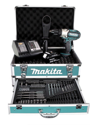 Makita DDF 451 SMX4 Perceuse-visseuse sans fil 18V 80Nm + 1x batterie 4,0Ah + chargeur + 70tlg. Jeu de forets à embouts + Coffret