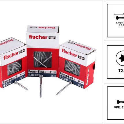 Fischer Power-Fast II FPF II Viti per legno 3,5x25 mm, 200 pz. ( 670101 ) Testa tonda, Torx, filettatura completa, zincate, passivato blu
