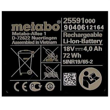 Set di batterie Metabo 4x batterie Li-Power 18 V 4,0 Ah CAS Li-Ion ( 4x 625591000 ) con indicatore del livello di carica