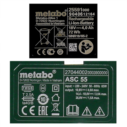 Set base Metabo 3x batteria Li-Power 18 V 4,0 Ah CAS Li-Ion ( 3x 625591000 ) + caricatore ASC 55 ( 627044000 )