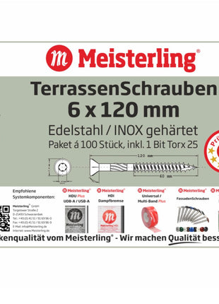 Meisterling Vis de terrasse 6x120 mm - 100 pièces (010010000061) CUT point 90 ° tête fraisée à tête fraisée avec Torx 2/3 gros filetage VA acier inoxydable