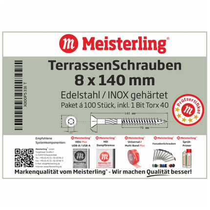 Meisterling Viti per terrazze 8x140 mm - 100 pezzi ( 010010000071 ) Punta CUT 90° lente a testa svasata con filettatura grossa Torx 2/3 acciaio inossidabile VA