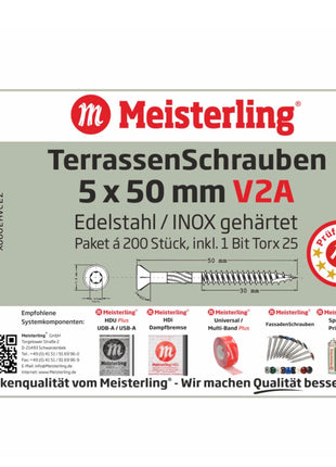 Meisterling Terrassenschrauben 5x50 mm 200 Stück ( 010010000201 ) CUT Spitze 90° Linsen Senkkopf mit Torx 2/3 Grobgewinde V2A Edelstahl
