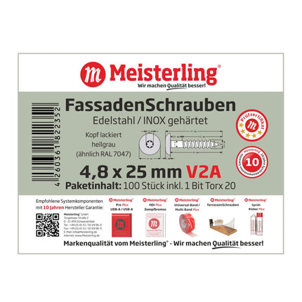 Meisterling Fassadenschrauben 4,8x25 mm 100 Stück ( 010020000021 ) 12 mm Flachkopf hellgrau mit Torx Teilgewinde V2A Edelstah