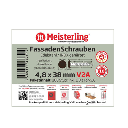 Meisterling Fassadenschrauben 4,8x38 mm 100 Stück ( 010020000231 ) 12 mm Flachkopf dunkelbraun mit Torx Teilgewinde V2A Edelstahl