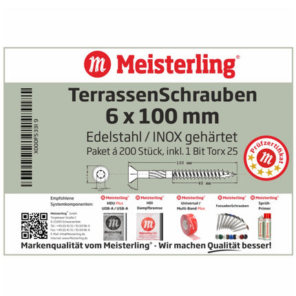 Meisterling Vis pour terrasse 90° 6x100 mm, 1000 pcs., tête fraisée, filetage Torx 2/3, acier inoxydable VA (5x 010010000051)