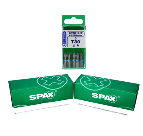 SPAX Bit T-STAR plus Set T30 - 6.4 x 25 mm - 5 pcs. + HI.FORCE Flat Head Screw 6.0 x 200 mm - 50 pcs. (5000009182309) (0251010602005)