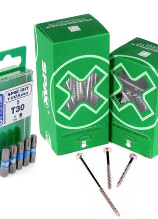 SPAX Bit T-STAR plus Set T30 - 6.4 x 25 mm - 5 pcs. + HI.FORCE Flat Head Screw 6.0 x 80 mm - 200 pcs. (5000009182309) (0251010600805)