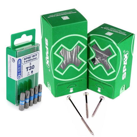 SPAX Bit T-STAR plus Set T30 - 6.4 x 25 mm - 5 pcs. + HI.FORCE Flat Head Screw 6.0 x 80 mm - 200 pcs. (5000009182309) (0251010600805)