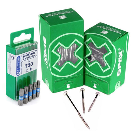 SPAX Bit T-STAR plus Set T30 - 6.4 x 25 mm - 5 pcs. + HI.FORCE Flat Head Screw 6.0 x 180 mm - 100 pcs. (5000009182309) (0251010601805)