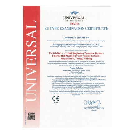 Masque Shengang 200x FFP2 certifié CE protection respiratoire buccale et nasale conforme à la pharmacie 5 couches ISO9001:2015 / EN149 2001 A1:2009