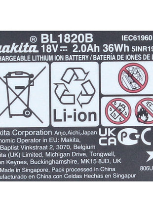 Makita 18V Battery Power Set with 2x BL1820B Batteries 2.0 Ah (2x 197254-9)