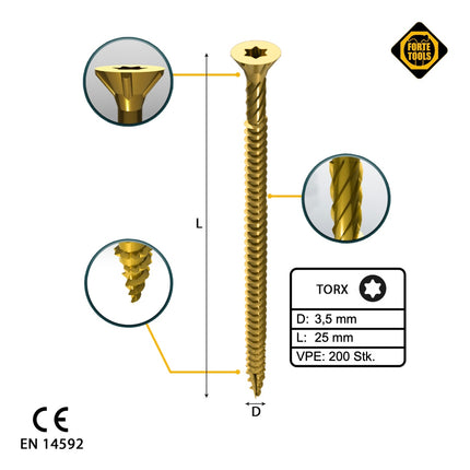 FORTE Tools Universal Holzschraube 3,5 x 25 mm T15 200 Stk. ( 000051399467 ) gelb verzinkt Torx Senkkopf Vollgewinde