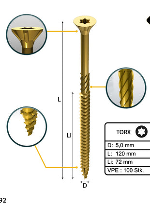 FORTE Tools Universal Holzschraube 5,0 x 120 mm T25 100 Stk. ( 000051399484 ) gelb verzinkt Torx Senkkopf Teilgewinde - Toolbrothers