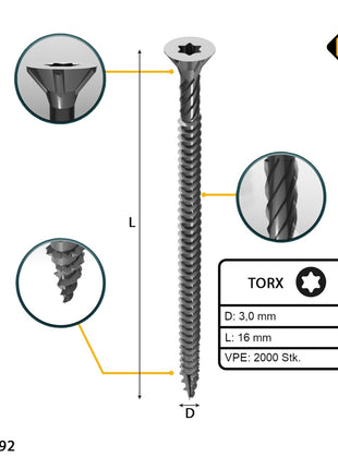 FORTE Tools Universal Holzschraube 3,0 x 16 mm T10 2000 Stk. ( 4x 000040113856 ) silber verzinkt Torx Senkkopf Vollgewinde - Toolbrothers
