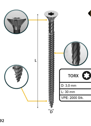 FORTE Tools Universal Holzschraube 3,0 x 30 mm T10 2000 Stk. ( 4x 000040113859 ) silber verzinkt Torx Senkkopf Vollgewinde - Toolbrothers