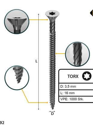 FORTE Tools Universal Holzschraube 3,5 x 16 mm T15 1000 Stk. ( 2x 000040113860 ) silber verzinkt Torx Senkkopf Vollgewinde - Toolbrothers