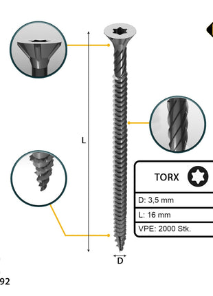 FORTE Tools Universal Holzschraube 3,5 x 16 mm T15 2000 Stk. ( 4x 000040113860 ) silber verzinkt Torx Senkkopf Vollgewinde - Toolbrothers