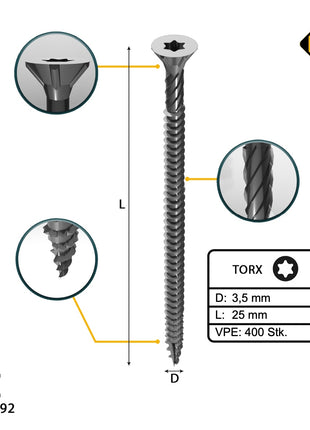 FORTE Tools Universal Holzschraube 3,5 x 25 mm T15 400 Stk. ( 2x 000040113862 ) silber verzinkt Torx Senkkopf Vollgewinde - Toolbrothers