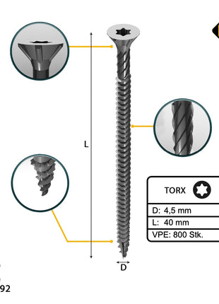 FORTE Tools Universal Holzschraube 4,5 x 40 mm T20 800 Stk. ( 4x 000040113873 ) silber verzinkt Torx Senkkopf Vollgewinde - Toolbrothers