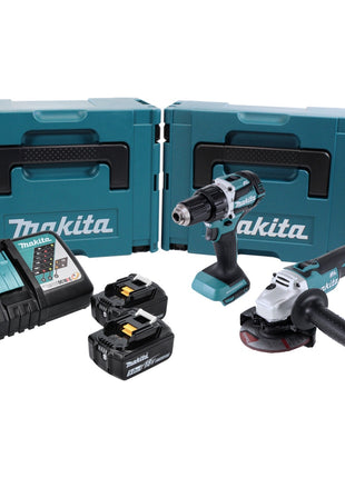 Kit combinato a batteria Makita DLX 2190 TJ1 Trapano avvitatore a batteria DDF 484 + smerigliatrice angolare a batteria DGA 504 + 2x batteria ricaricabile 5,0 Ah + caricabatterie + 2x Makpac