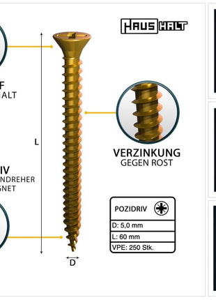 HausHalt Universal Holzbauschraube Holzschraube 5,0 x 60 mm PZ2 250 Stk. ( 000051371202 ) gelb verzinkt Kreuzschlitz Pozidriv Senkkopf Vollgewinde - Toolbrothers