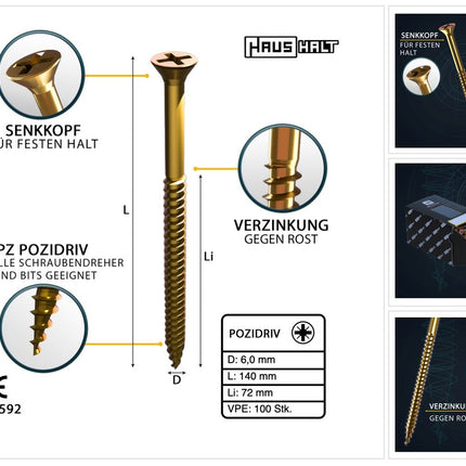 HausHalt Universal Holzbauschraube Holzschraube 6,0 x 140 mm PZ3 100 Stk. ( 000051371217 ) gelb verzinkt Kreuzschlitz Pozidriv Senkkopf Teilgewinde - Toolbrothers